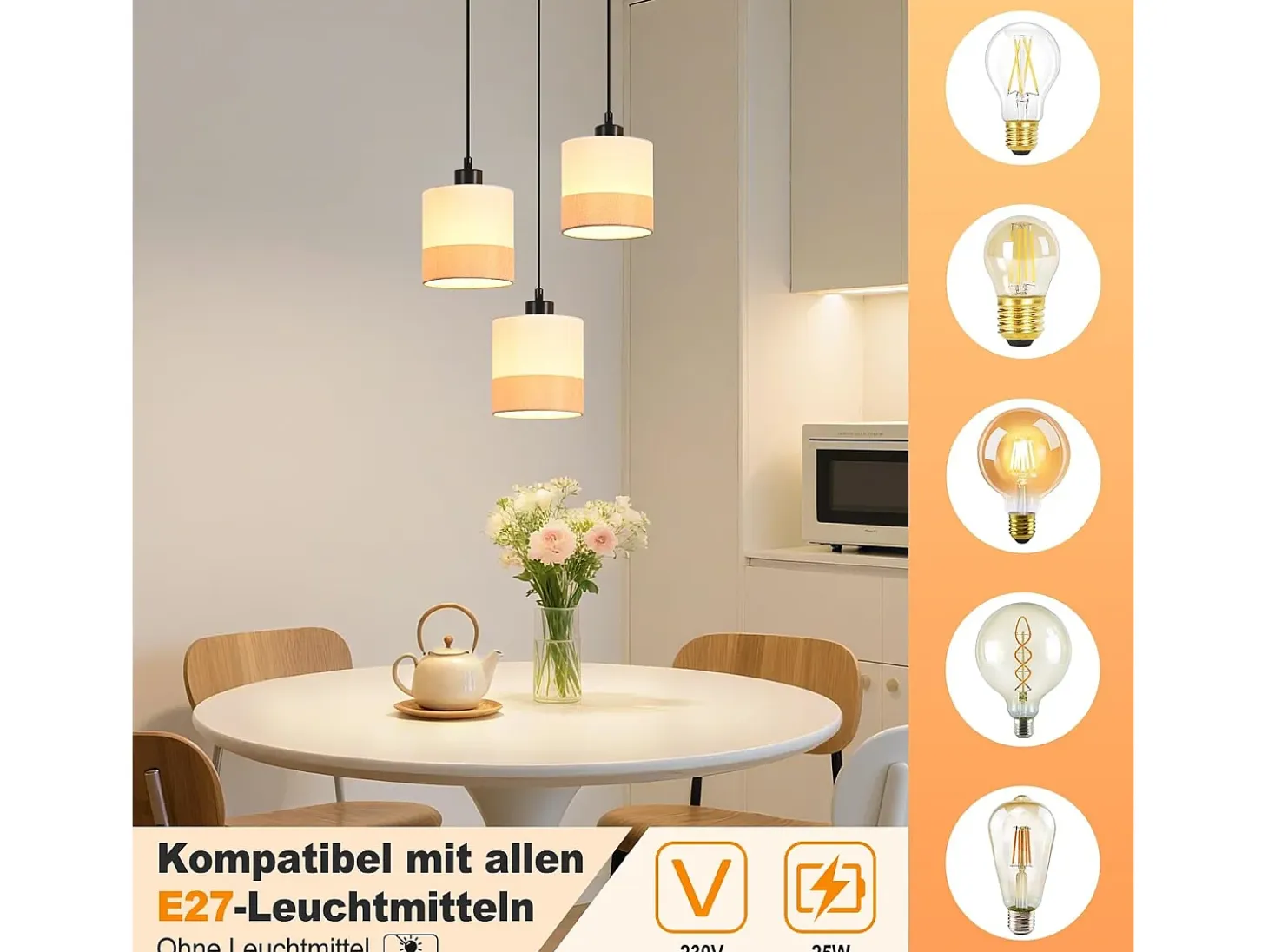 Lámpara colgante vintage Nettlife para mesa de comedor: 3 luces, pantalla de tela blanca, casquillo E27, estilo retro (bombillas no incluidas)