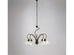 Lámpara de araña Alice en hierro lacado marrón con decoración. Difusores de oro antiguo y cristal d. 14 alabastro blanco 5 luces 106 Ø57