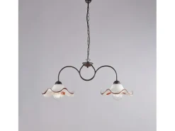Lámpara de araña Anemone en hierro lacado en negro y dec. Óxido con difusores cerámicos d. 30 blanco y marrón 2 luces L. 81 X 30