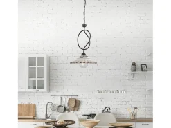 Lámpara de araña Bistrot en hierro lacado en negro y decoraciones. Efecto óxido con difusor cerámico d. 30 blanco y marrón 1 luz 105 Ø30