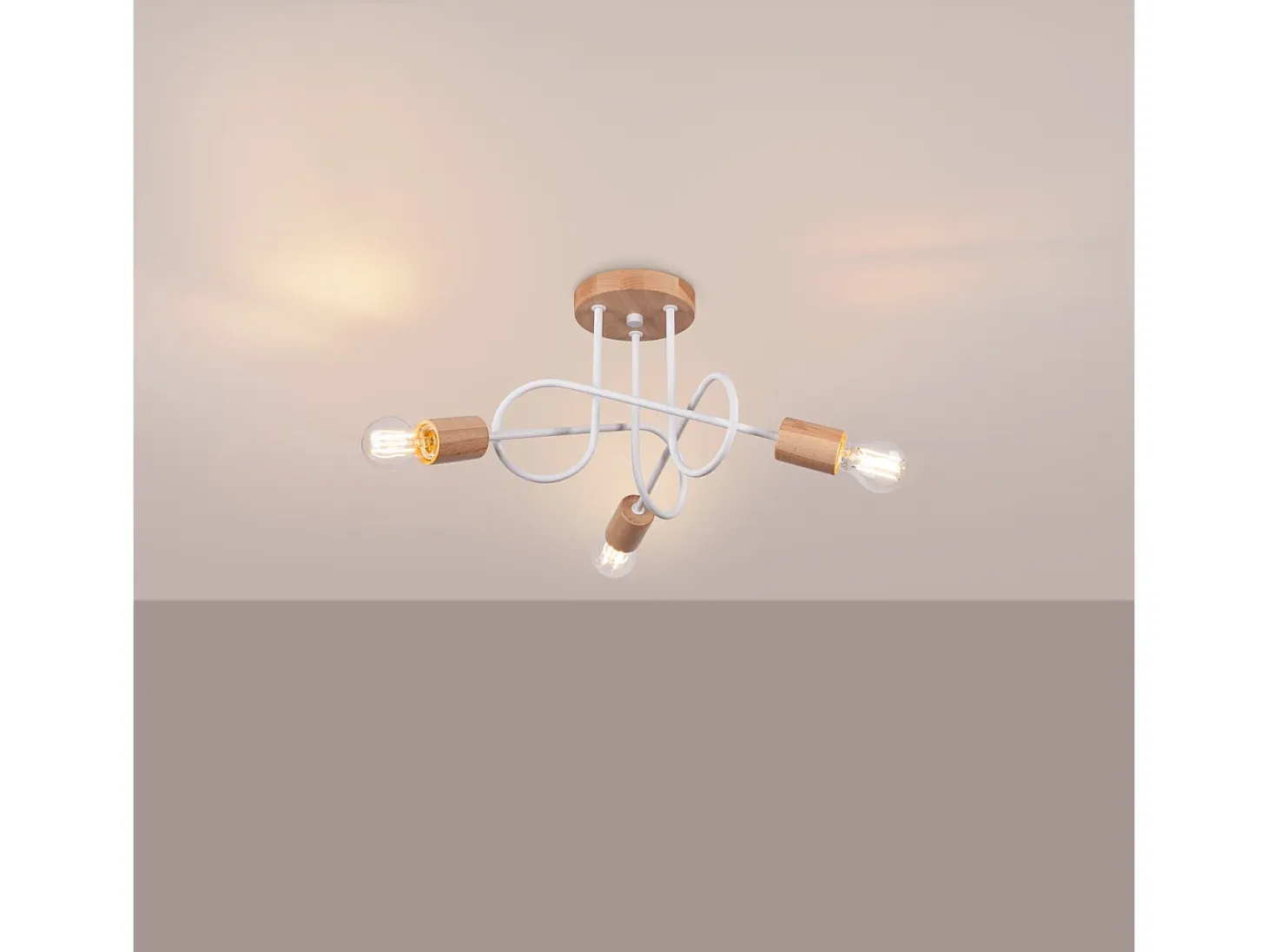 Lámpara De Araña Ember Minimalista De Acero/Madera - 3 Fuentes Luminosas - L.14 X A.26 Cm - Blanco/Madera Natural