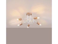 Lámpara De Araña Ember Minimalista De Acero/Madera - 5 Fuentes Luminosas - L.15 X A.26 Cm - Blanco/Madera Natural
