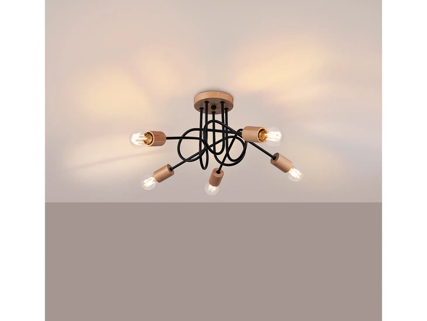 Lámpara De Araña Ember Minimalista De Acero/Madera - 5 Fuentes Luminosas - L.15 X A.26 Cm - Negro/Madera Natural