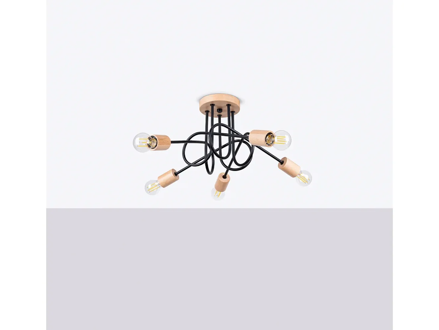 Lámpara De Araña Ember Minimalista De Acero/Madera - 5 Fuentes Luminosas - L.15 X A.26 Cm - Negro/Madera Natural
