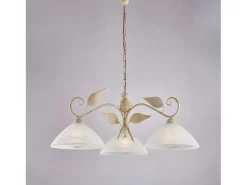 Lámpara de araña en hierro lacado en marfil con dec. Difusores de oro antiguo y cristal d. 30 alabastro blanco 3 luces X 96 Ø79