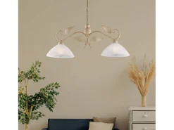 Lámpara de araña en hierro lacado en marfil con dec. Difusores de oro antiguo y cristal d. 30 alabastro blanco 2 luces L. 96 X 30