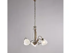 Lámpara de araña forjada en hierro lacado en color marrón con dec. Difusores de oro antiguo y cristal d. 13 alabastro blanco 3 luces 103 Ø51