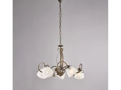 Lámpara de araña forjada en hierro lacado en color marrón con dec. Difusores de oro antiguo y cristal d. 13 alabastro blanco 5 luces 105 Ø64