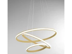 Lámpara de araña LED regulable Iole S3 60W - Suspensión moderna con 3 anillos de aluminio dorado cepillado, luz cálida 3000K, 3000lm, diseño elegante