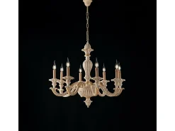 Lámpara de araña Leonardo de madera marfil y pan de oro, 8 luces, 130 Ø80, BL180-8-AV