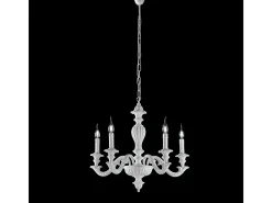 Lámpara de araña Leonardo Shabby de madera blanca, 5 luces, 117 cm, Ø53 cm, BL180-5-BCO