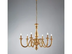 Lámpara de araña Lucca de madera dorada antigua, 6 luces, 129 cm, Ø86 cm, BL271-6-OR