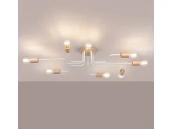 Lámpara De Araña Timbo Desván De Acero/Madera - 8 Fuentes Luminosas - L.100 X A.16,5 Cm - Blanco/Madera Natural