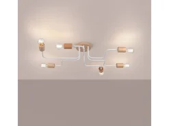 Lámpara De Araña Timbo Desván De Acero/Madera - 6 Fuentes Luminosas - L.85 X A.16,5 Cm - Blanco/Madera Natural