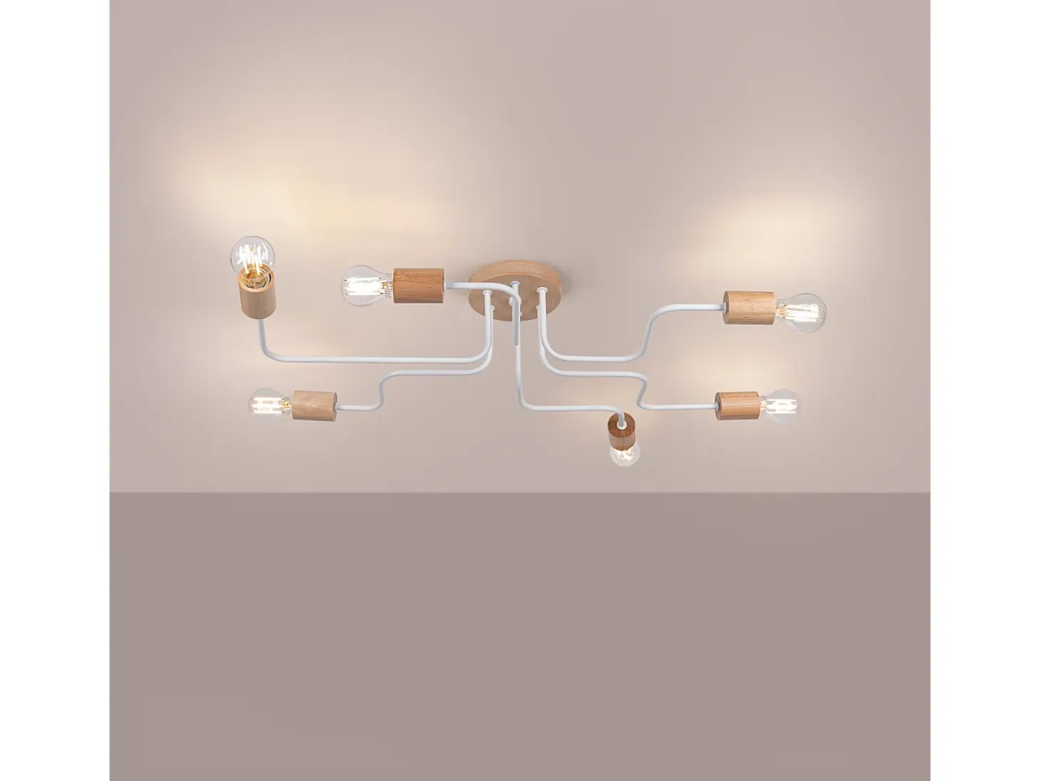 Lámpara De Araña Timbo Desván De Acero/Madera - 6 Fuentes Luminosas - L.85 X A.16,5 Cm - Blanco/Madera Natural