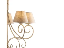 Lámpara de araña vienesa en hierro lacado marfil con decoración. Oro antiguo y pantallas de lámparas d. 13 en pvc efecto tela de yute 5 luces 118 Ø60