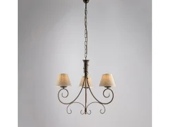 Lámpara de araña Vienesa marrón con oro antiguo y pantallas efecto yute, 3 luces Ø52 cm