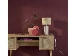 Lámpara de mesa interior cerámica pantalla efecto ratán mostaza