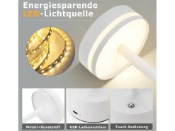 Lámpara de mesa LED NETTLIFE, a pilas, inalámbrica, regulable, recargable por USB-C, control táctil, para dormitorio y comedor (blanca, paquete de 2)