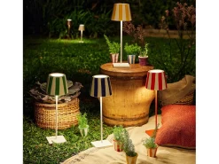 Lámpara de mesa LED Poldina Lido de rayas rojas, recargable y regulable con duración de batería de hasta 12 horas. Para uso exterior IP65
