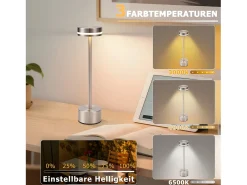 Lámpara de mesa NETTLIFE a batería, lámpara LED inalámbrica, lámpara de noche regulable de 3000k a 6500k con USB-C, lámpara táctil plateada