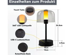 Lámpara de noche LED NETTLIFE regulable a batería - Lámpara de mesa inalámbrica recargable por USB-C (1800-6500 K) negra con función de memoria
