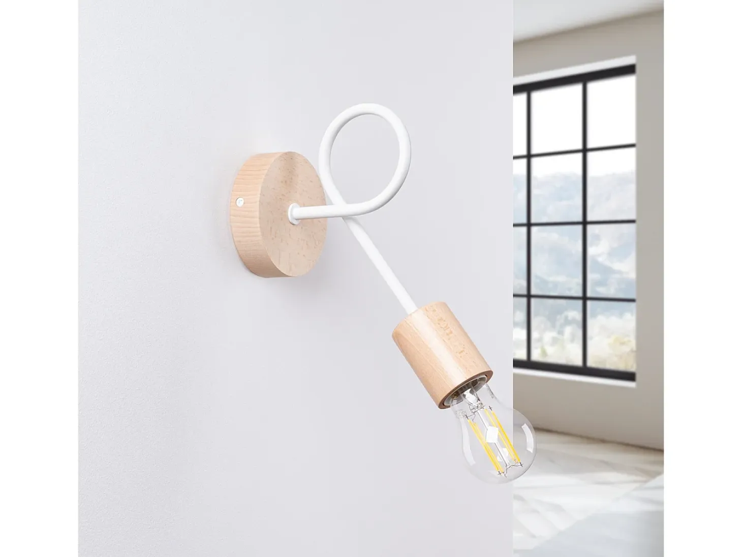Lámpara De Pared Ember Minimalista De Acero/Madera - 1 Fuentes Luminosas - L.10 X A.24 Cm - Blanco/Madera Natural