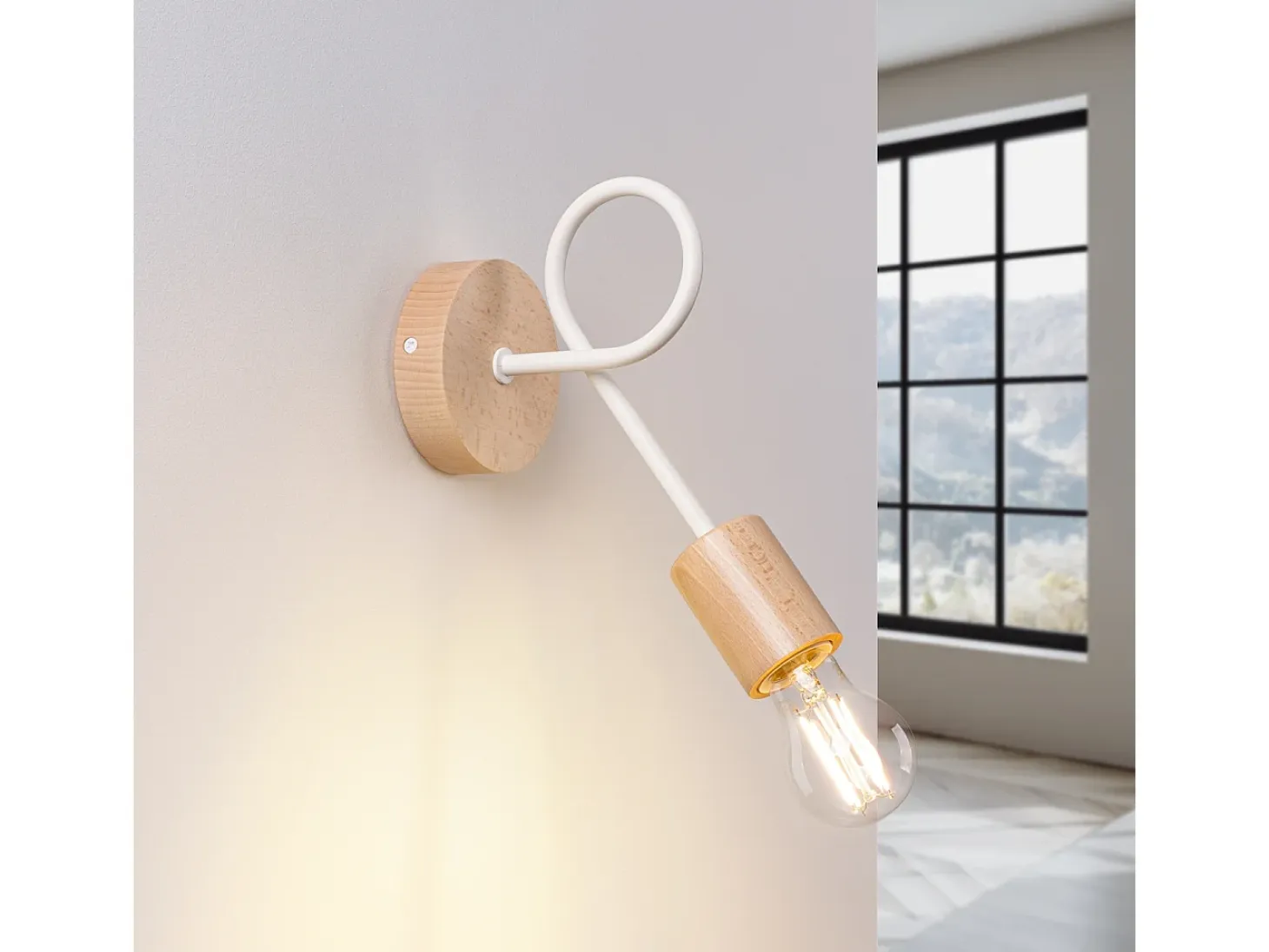Lámpara De Pared Ember Minimalista De Acero/Madera - 1 Fuentes Luminosas - L.10 X A.24 Cm - Blanco/Madera Natural