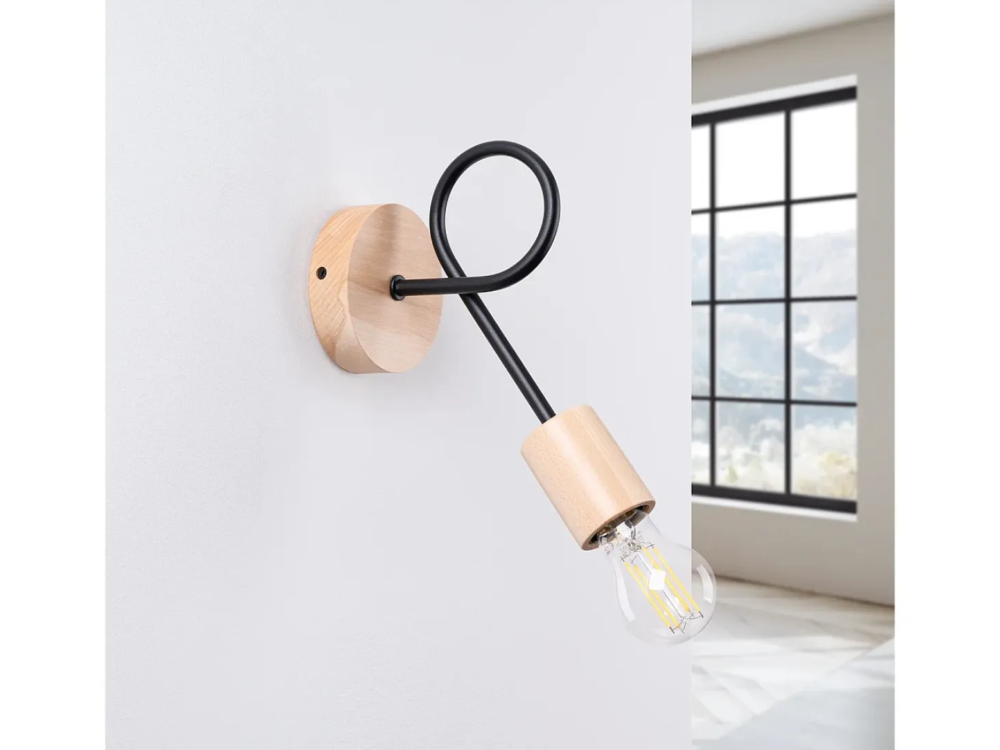 Lámpara de pared Sparkon minimalista de acero/madera - 1 fuentes luminosas 3000K - L.10 x A.24 cm - negro/madera natural