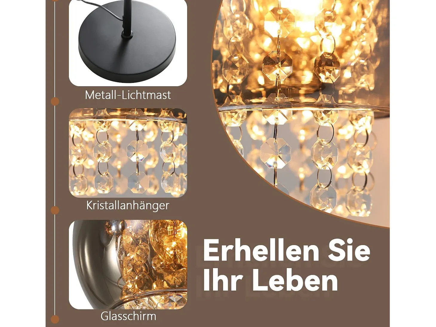 Lámpara de pie de interior de 1 llama E27, lámpara de pie de cristal gris ahumado grande para sofá de oficina