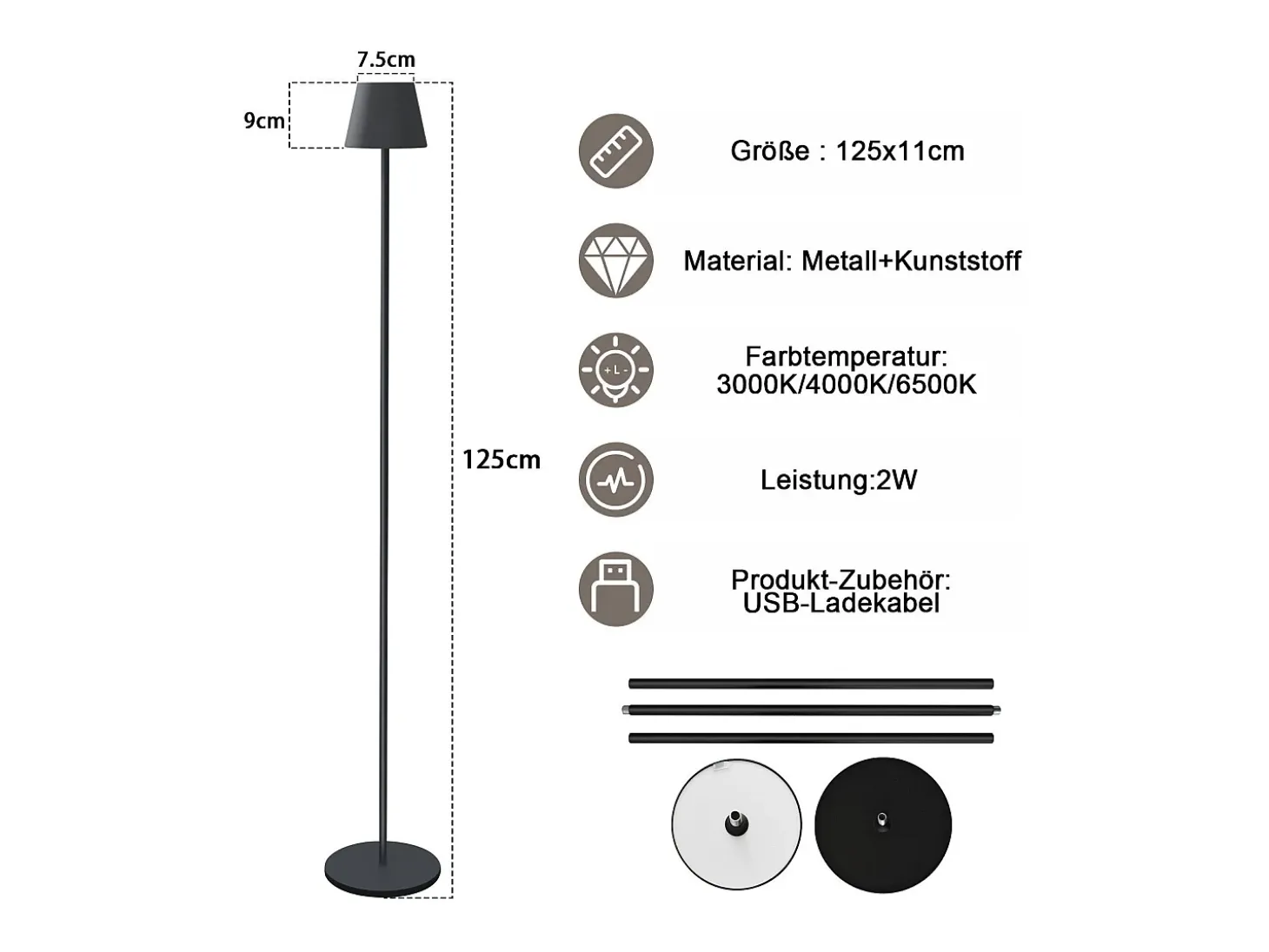 Lámpara de pie LED NETTLIFE moderna negra regulable 125 cm 3 temperaturas de color USB Sala de estar