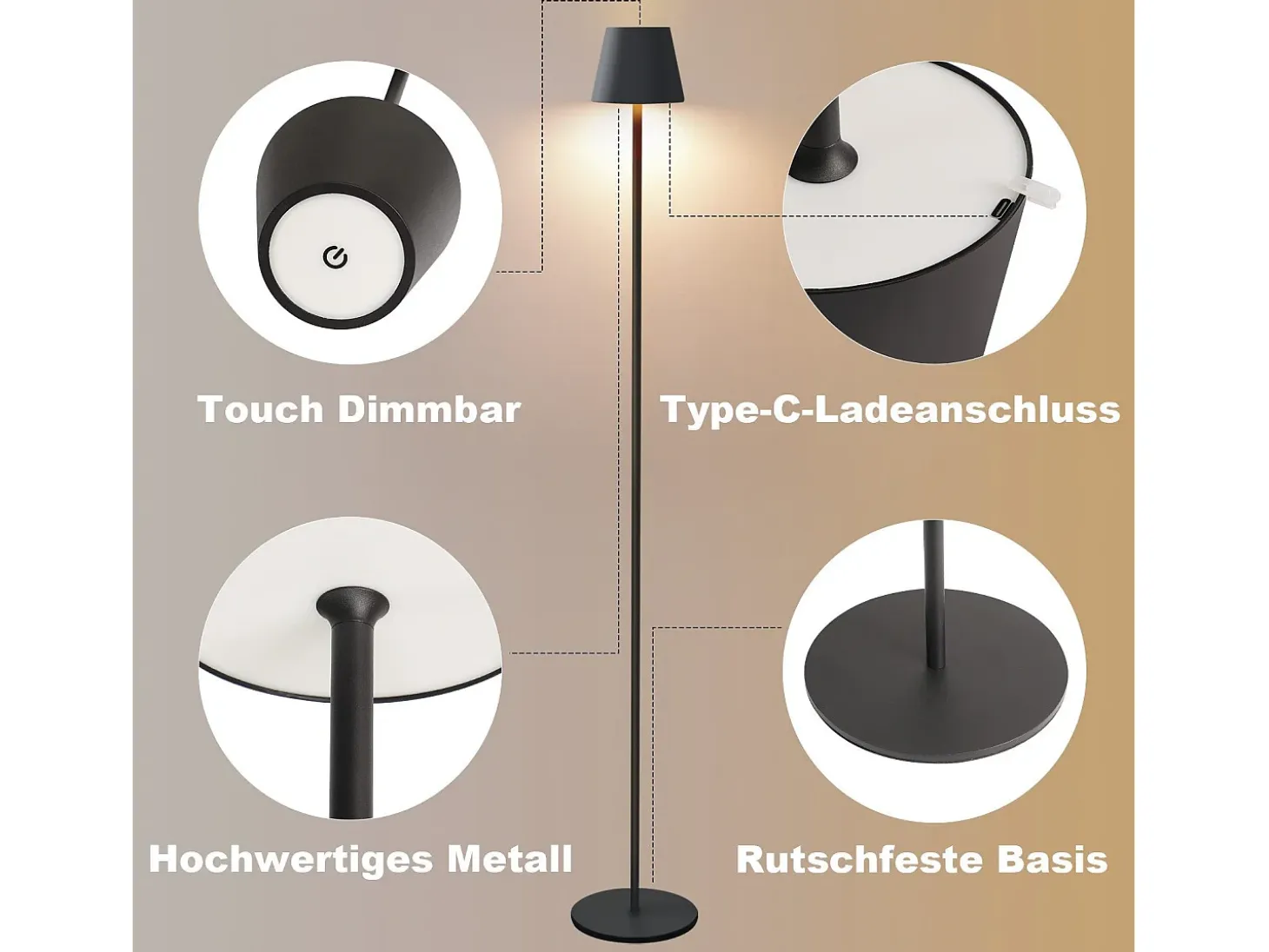 Lámpara de pie LED NETTLIFE moderna negra regulable 125 cm 3 temperaturas de color USB Sala de estar