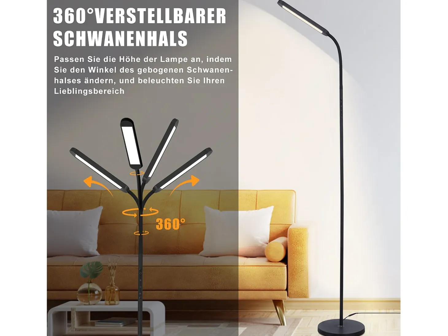Lámpara de pie LED NETTLIFE para sala de estar, regulable, color negro, 11 W, flexible, 360°, para sofá