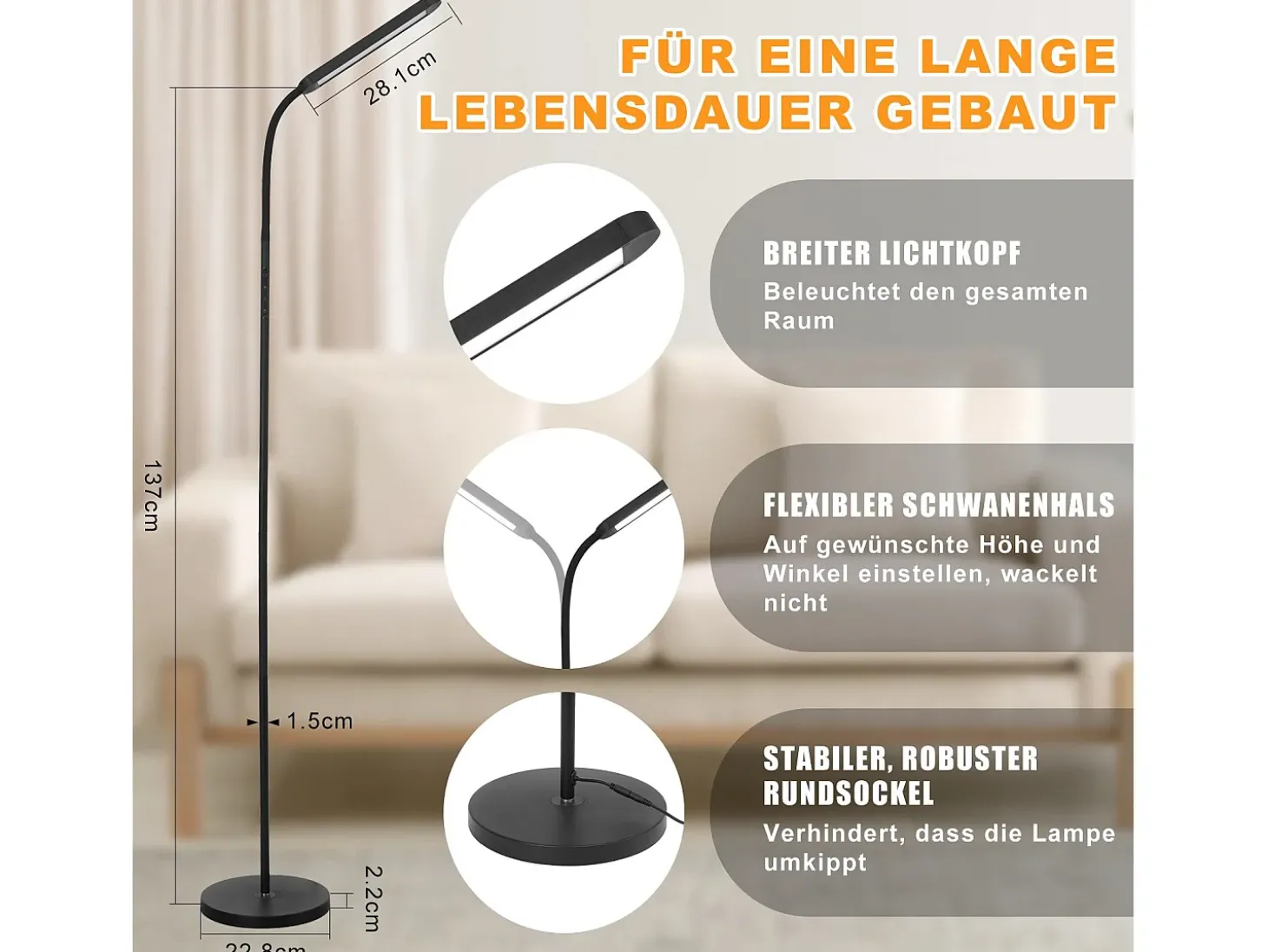 Lámpara de pie LED NETTLIFE para sala de estar, regulable, color negro, 11 W, flexible, 360°, para sofá