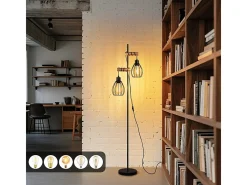 Lámpara de pie NETTLIFE para salón, color negro: lámpara de pie industrial de metal y madera, E27, 2 luces, pantalla de jaula, 152 cm (sin bombilla).