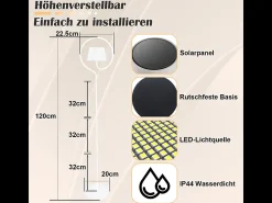 Lámpara de pie solar para exterior NETTLIFE de 120 cm regulable: lámpara de pie LED para salón con batería recargable USB-C, blanca, inalámbrica