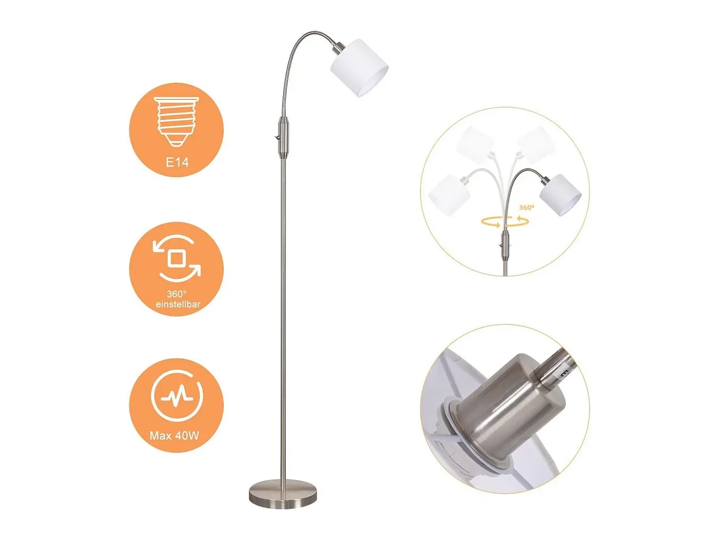 Lámpara de pie vintage negra de tela con arco giratorio de 360° para una iluminación suave y decorativa