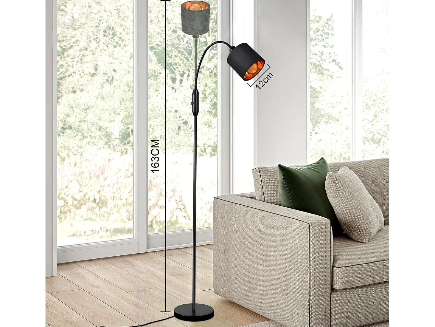 Lámpara de pie vintage negra de tela con arco giratorio de 360° para una iluminación suave y decorativa