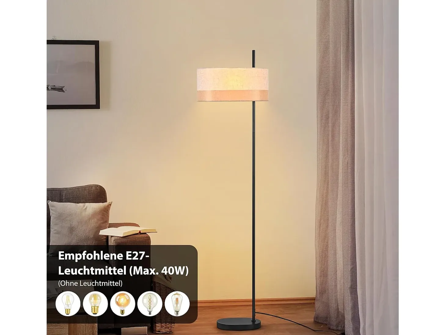 Lámpara de pie vintage Nettlife para salón: lámpara de pie de tela blanca con interruptor E27, estilo rústico retro para dormitorio (bombilla no incluida).