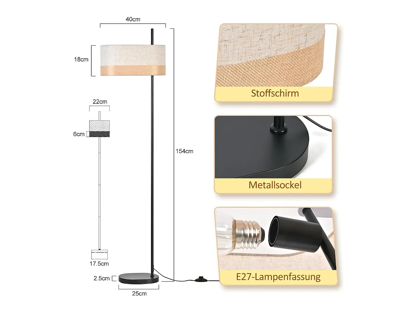 Lámpara de pie vintage Nettlife para salón: lámpara de pie de tela blanca con interruptor E27, estilo rústico retro para dormitorio (bombilla no incluida).
