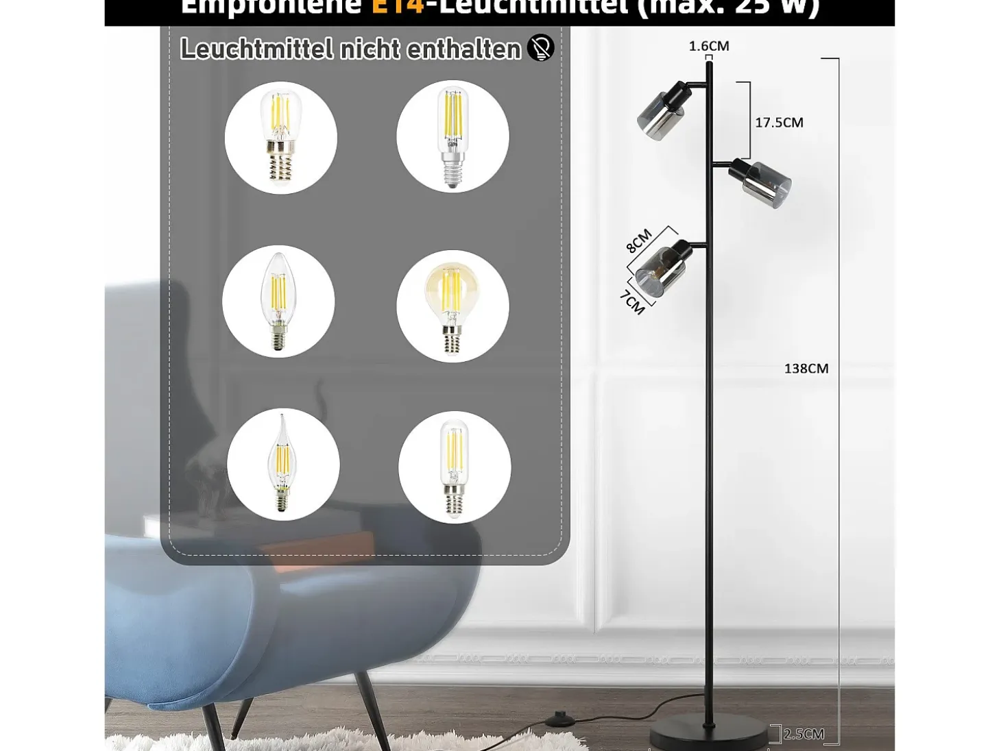 Lámpara de pie vintage NETTLIFE para sala de estar 3 llamas de vidrio casquillo E14 lámpara de mesa ajustable de metal 350