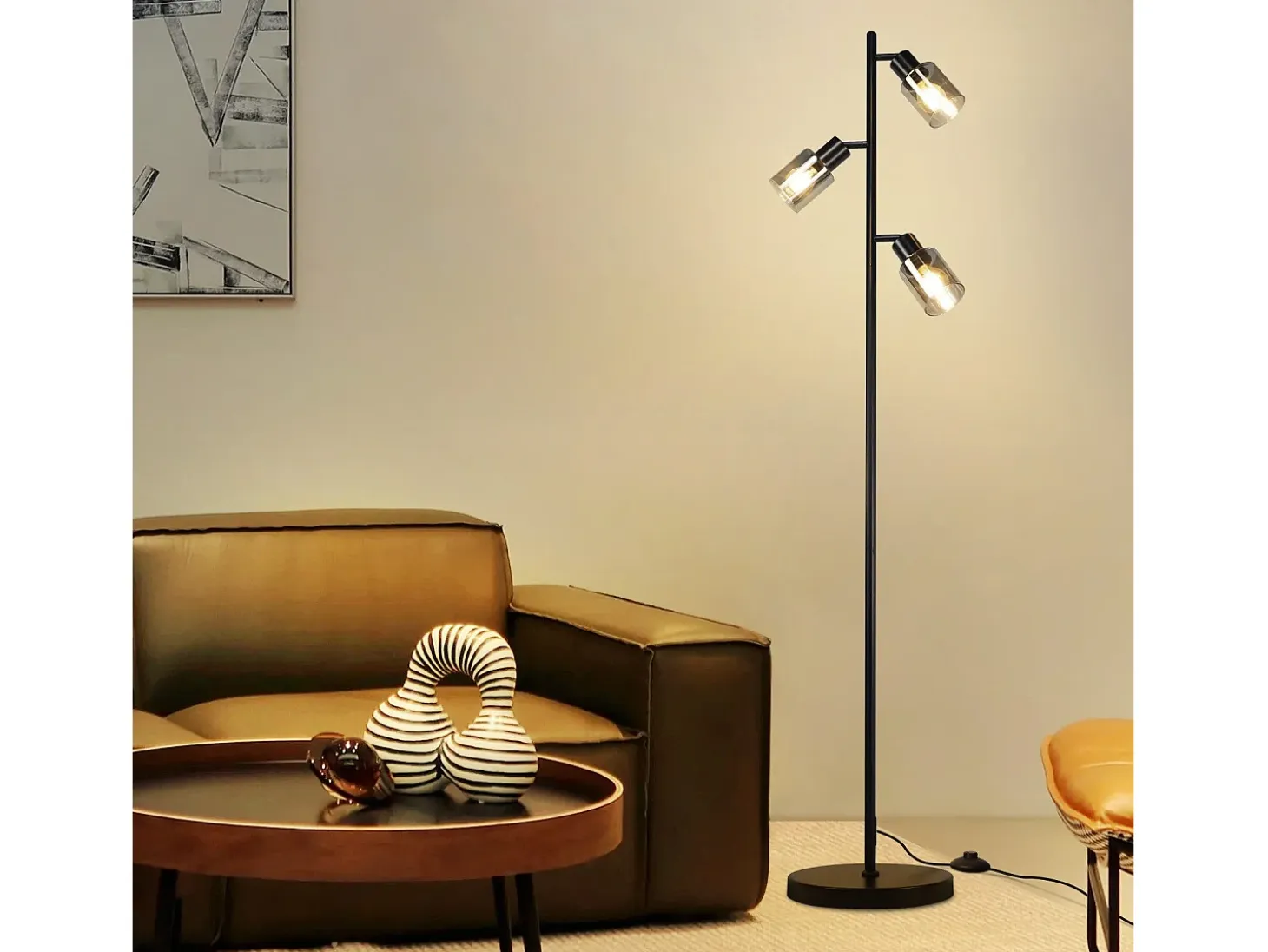 Lámpara de pie vintage NETTLIFE para sala de estar 3 llamas de vidrio casquillo E14 lámpara de mesa ajustable de metal 350