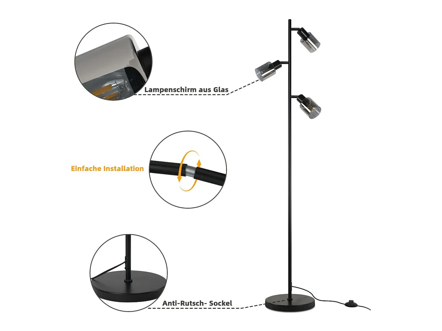 Lámpara de pie vintage NETTLIFE para sala de estar 3 llamas de vidrio casquillo E14 lámpara de mesa ajustable de metal 350