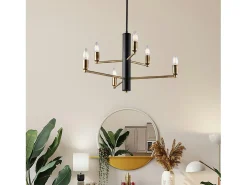 Lámpara de suspensión Isak en hierro lacado negro con acabados en latón bruñido cepillado 6 luces H.66 Ø53 BL311-6-NR