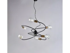 Lámpara de suspensión Vortex en hierro lacado negro con acabados en latón bruñido cepillado y cable de acero orientable 6 luces 130 Ø55 BL219-6-NR