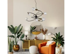Lámpara de suspensión Vortex en hierro lacado negro con acabados en latón bruñido cepillado y cable de acero orientable 6 luces 130 Ø55 BL219-6-NR