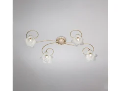 Lámpara de techo Alice en hierro lacado marfil con decoración. Difusores de oro antiguo y cristal d. 14 alabastro blanco 4 luces L. 87 X 40