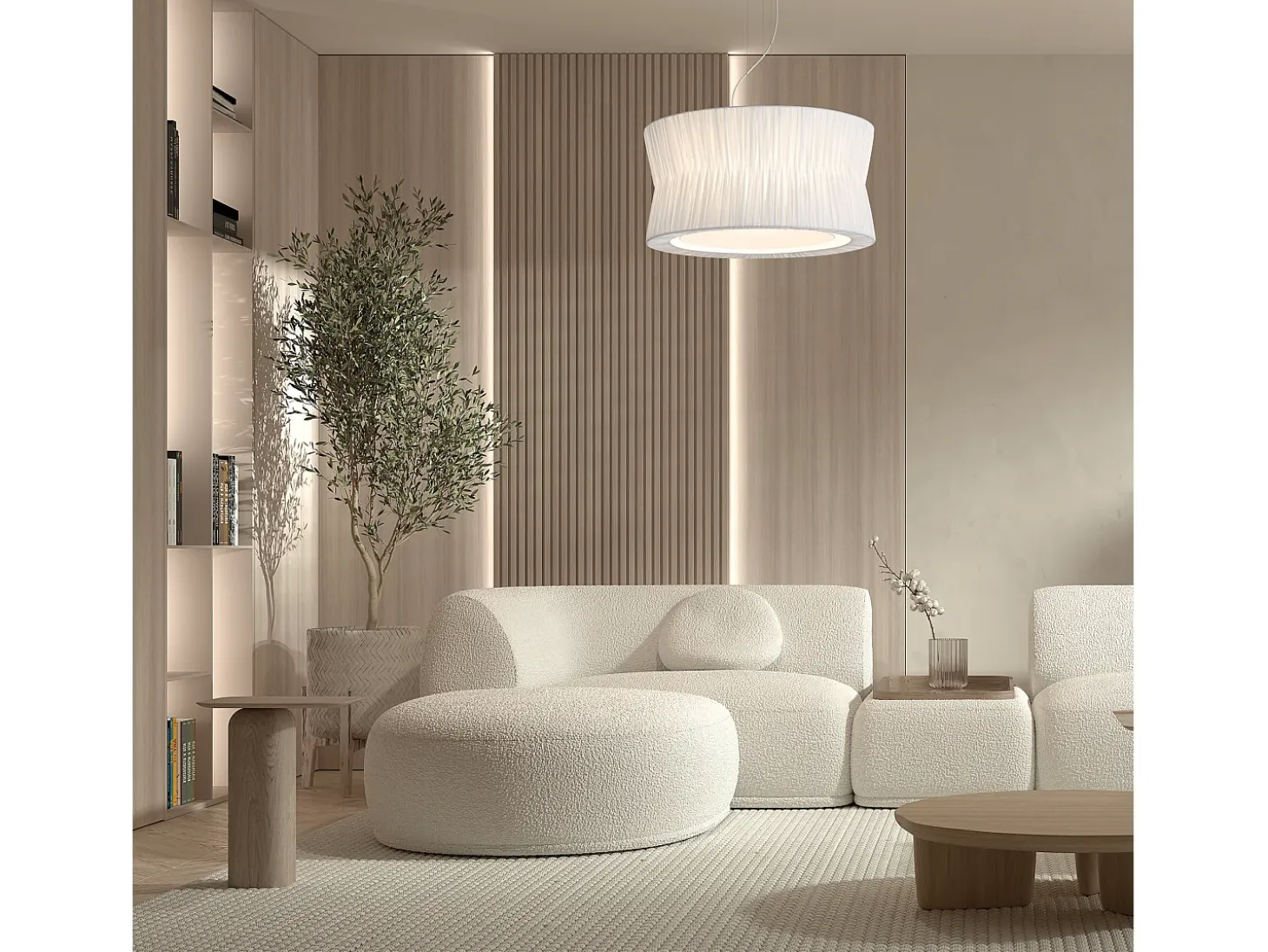 Lámpara de techo CORA estilo clásico - pantalla cinta plisada- D. ø59 cm x 3x E27 60W - acero y blanco - IP20