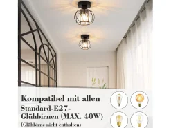 Lámpara de techo de cristal negro moderna NETTLIFE E27, lámpara de cocina vintage con marco de metal