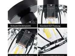 Lámpara de techo de cristal negro moderna NETTLIFE E27, lámpara de cocina vintage con marco de metal